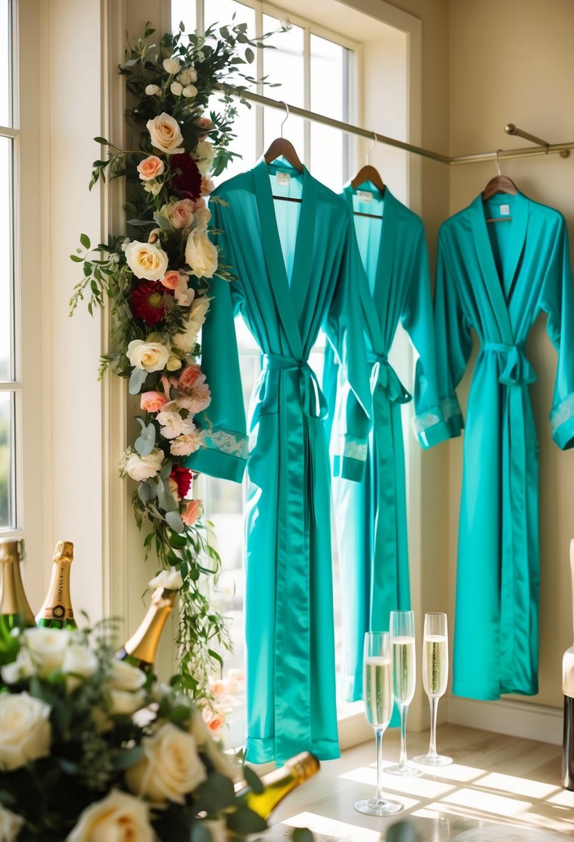 Teal bridesmaid robes hanging on hooks in a sunlit room, with floral bouquets and champagne glasses nearby