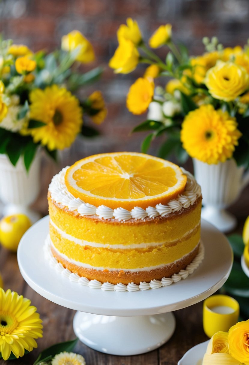 A zesty citrus cake surrounded by yellow wedding decor and floral arrangements