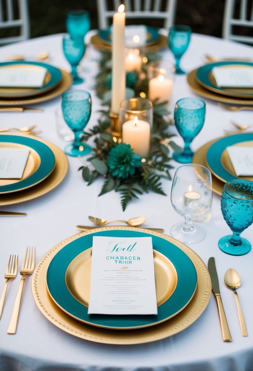 Gold charger plates with teal trim arranged on a white tablecloth, surrounded by teal floral centerpieces and candlelight