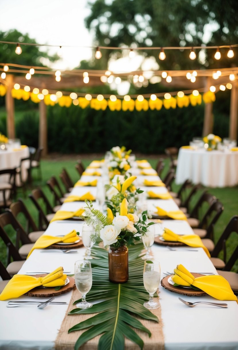 A rustic outdoor wedding reception with yellow banana leaf table runners and floral centerpieces