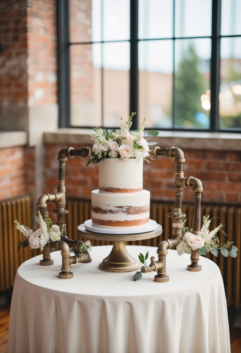 A table adorned with vintage pipes and floral accents, serving as a unique and elegant centerpiece for a vintage wedding cake display