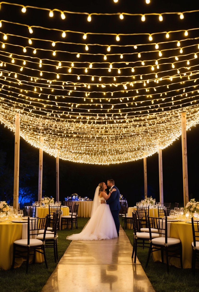 A canopy of yellow fairy lights draped over an outdoor wedding reception, casting a warm and romantic glow over the celebration