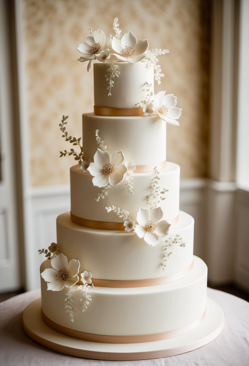 A tiered wedding cake adorned with delicate, handcrafted sugar flowers in a vintage, old-world style