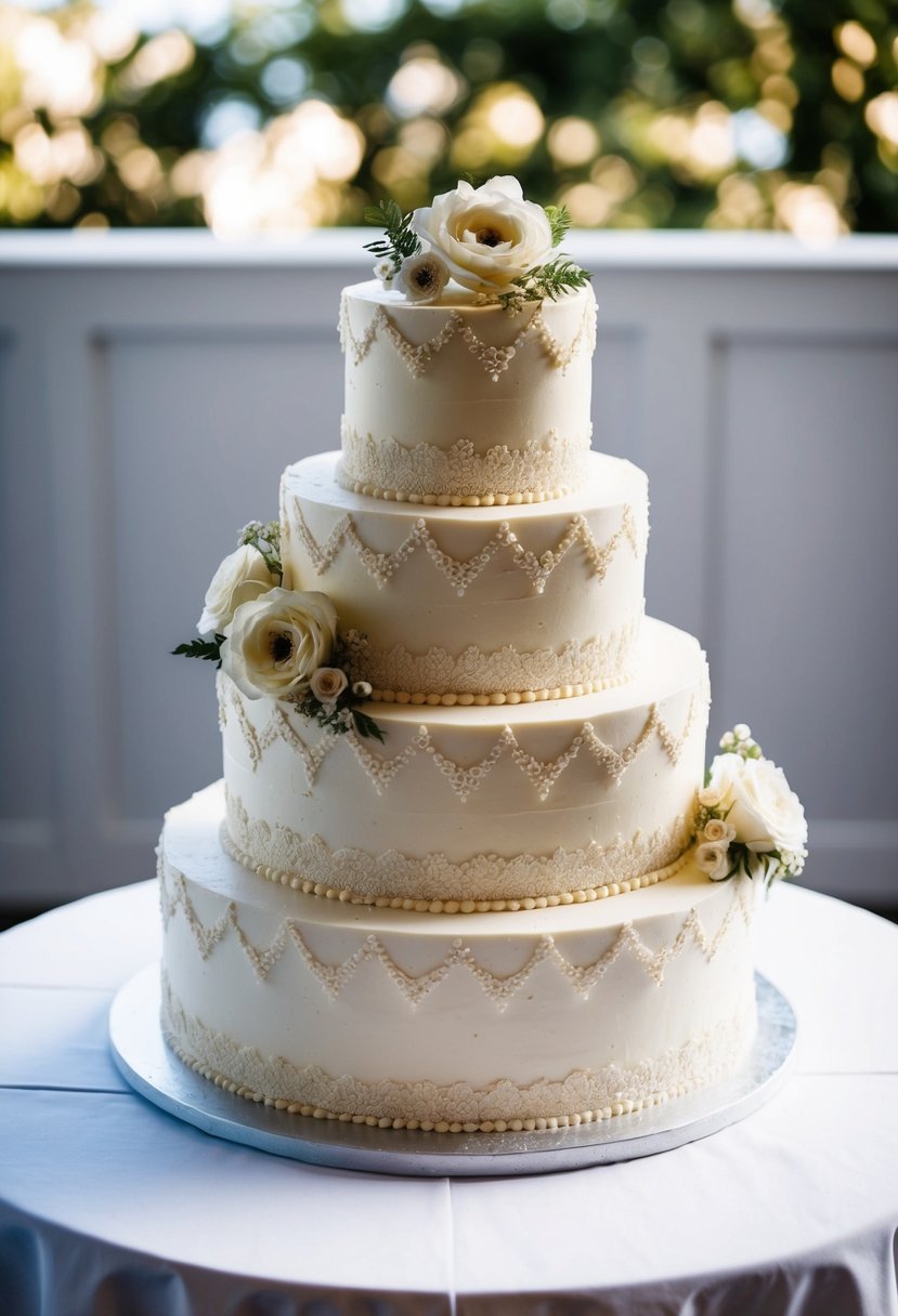 A three-tiered vintage wedding cake adorned with delicate vanilla buttercream flowers and intricate lace details