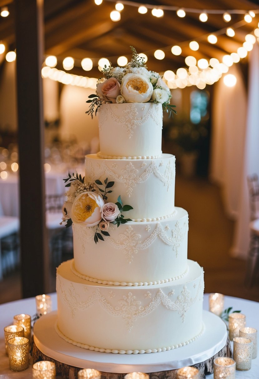 A three-tiered wedding cake adorned with vintage floral designs, surrounded by twinkling lights and delicate lace accents