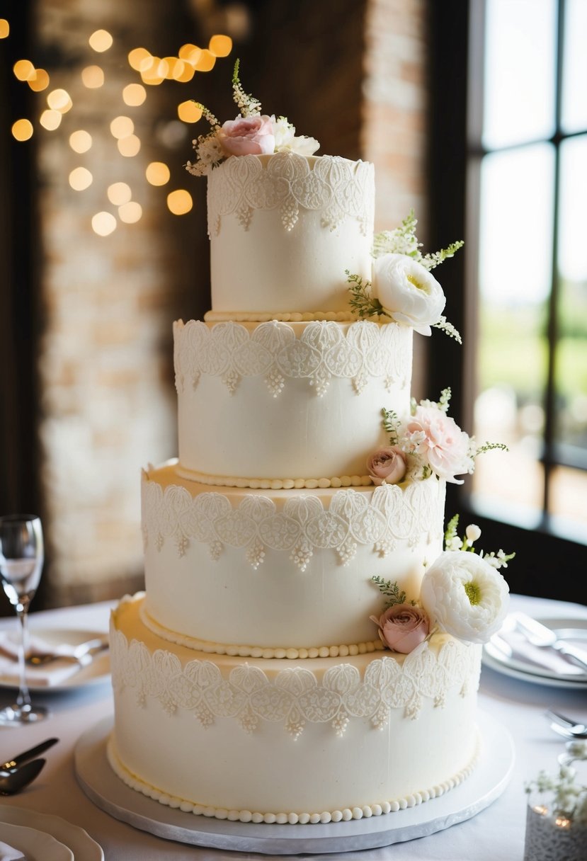 A three-tiered wedding cake adorned with intricate lace frosting and delicate floral details