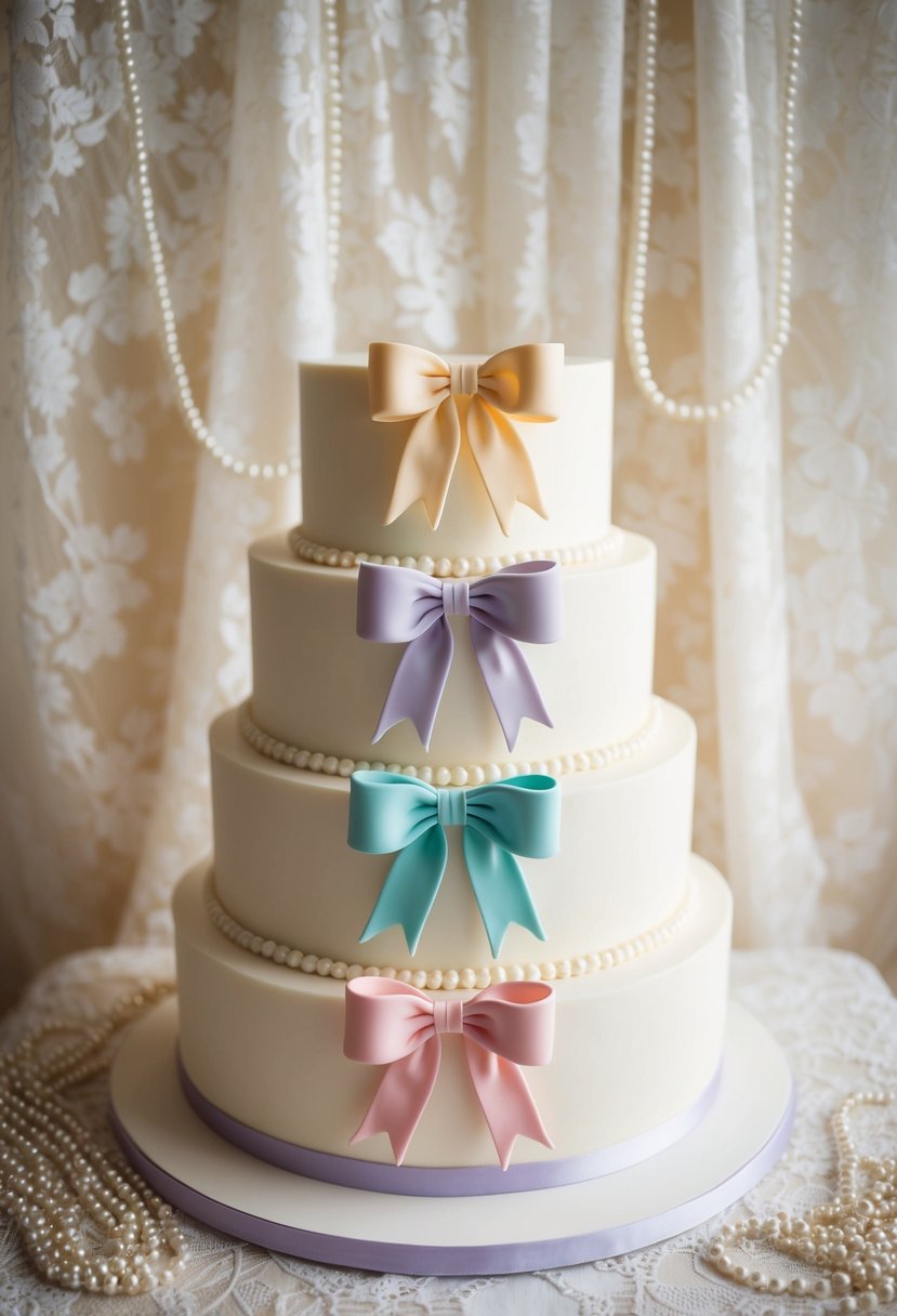 A three-tiered wedding cake adorned with hand-piped vintage bows in pastel colors, set against a backdrop of lace and pearls