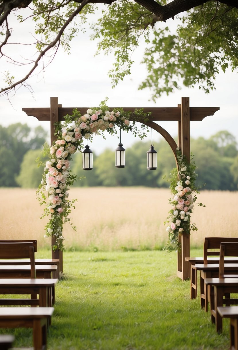 A wooden arch adorned with flowers stands in a field. Lanterns hang from tree branches, and wooden benches are arranged in a semi-circle