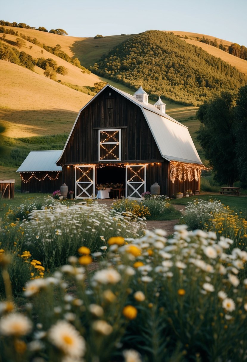 A rustic barn adorned with fairy lights, surrounded by rolling hills and blooming wildflowers, sets the scene for a charming outdoor wedding