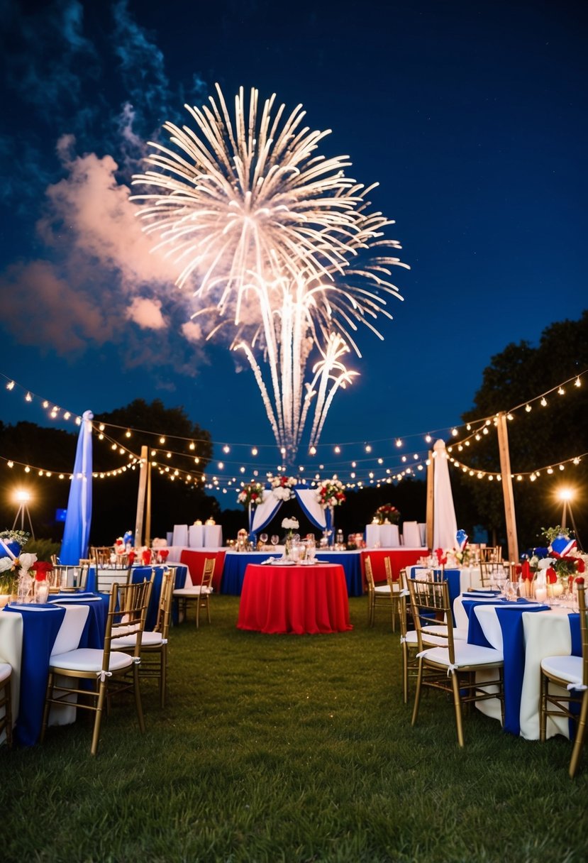 A festive outdoor wedding reception with red, white, and blue decor, twinkling string lights, and a fireworks display in the night sky