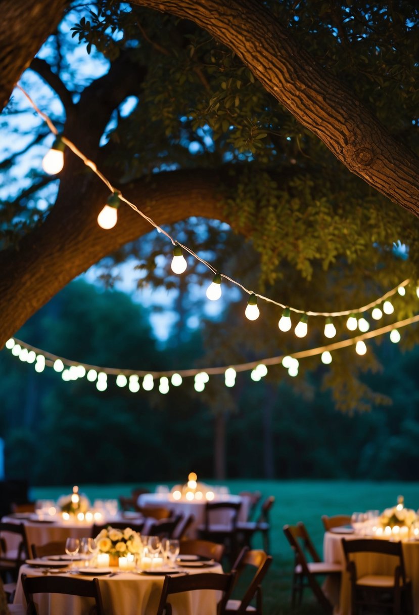 String lights hanging from tree branches, illuminating a rustic outdoor wedding reception with a cozy and romantic ambiance