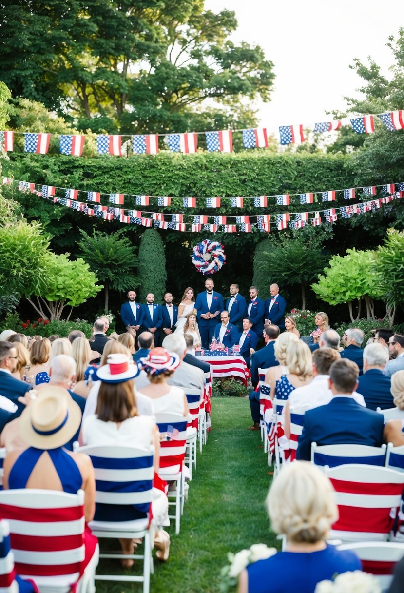 A lush garden adorned with patriotic decor, filled with guests seated for a 4th of July wedding ceremony