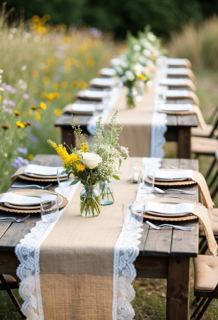 A rustic outdoor wedding scene with burlap and lace table runners, surrounded by wildflowers and wooden accents