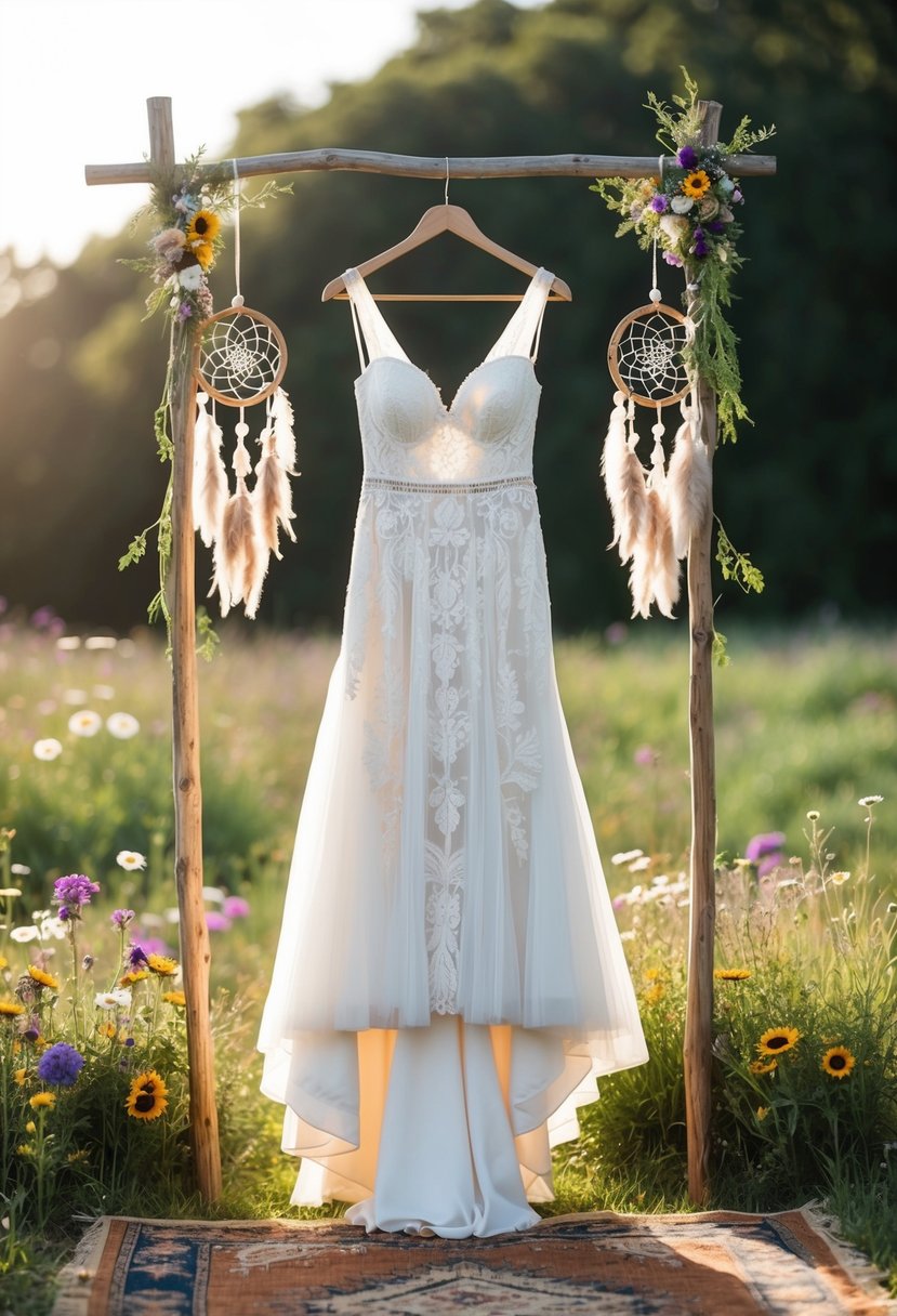 A boho wedding dress hanging on a rustic wooden hanger, surrounded by wildflowers and dreamcatchers, with a vintage rug underneath