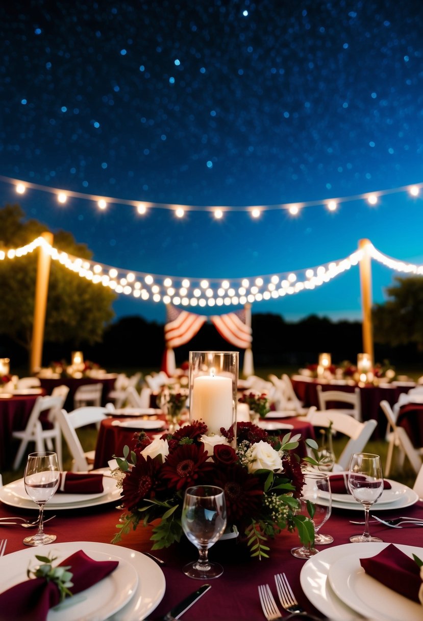 A festive outdoor wedding with dark red flowers, burgundy table linens, and patriotic decor under a starry night sky