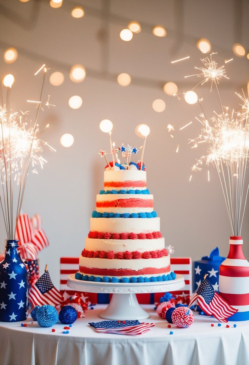 A festive 4th of July wedding scene with a tiered ice cream cake as the centerpiece, surrounded by patriotic decorations and sparklers