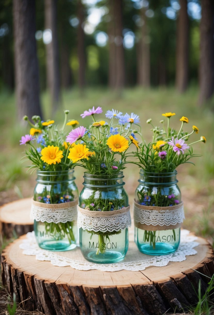 Mason jars filled with wildflowers and surrounded by burlap and lace, set on wooden slabs amidst a forest clearing