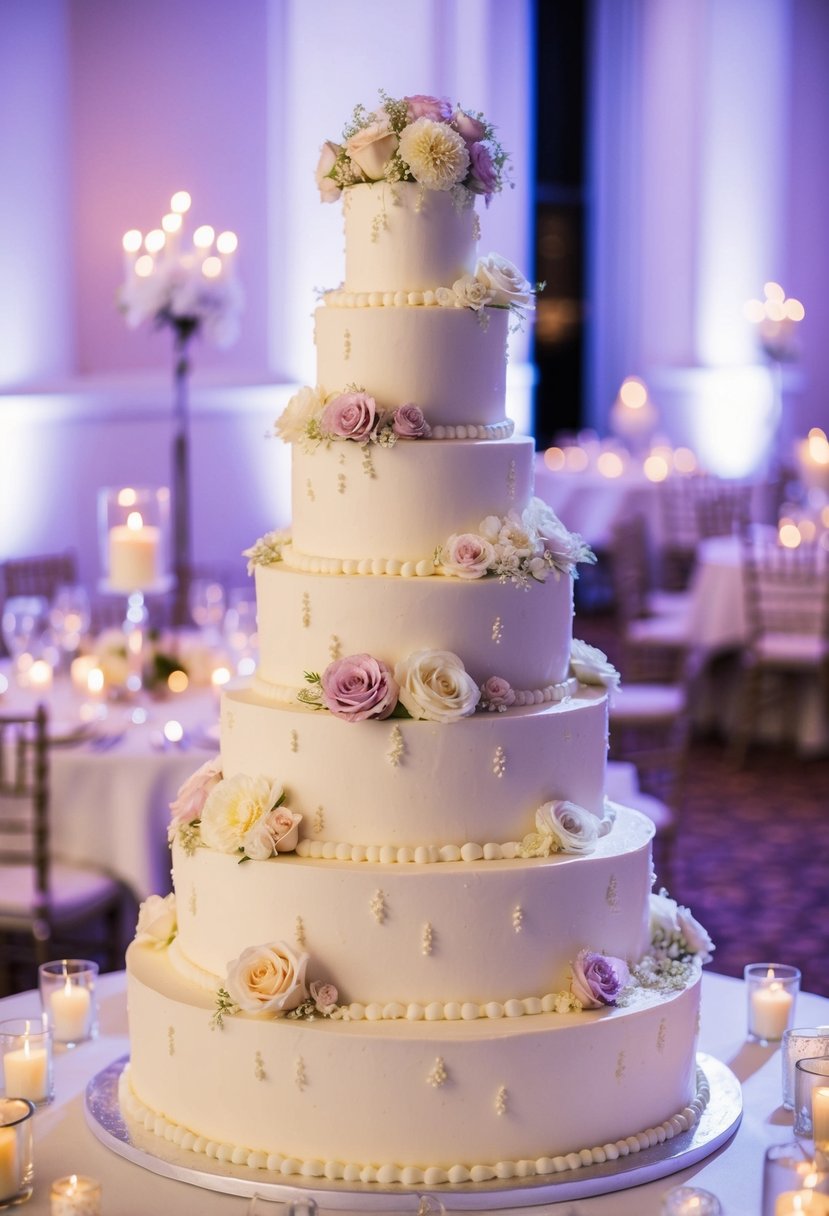 A towering five-tier wedding cake adorned with delicate floral decorations and intricate piping, set against a backdrop of elegant table settings and soft candlelight