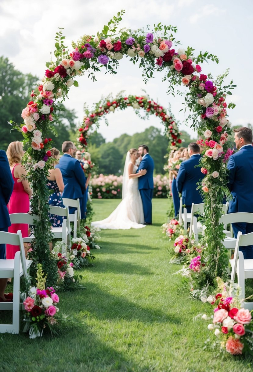 Floral arches adorn a 4th of July wedding, framing the ceremony space with vibrant blooms and lush greenery