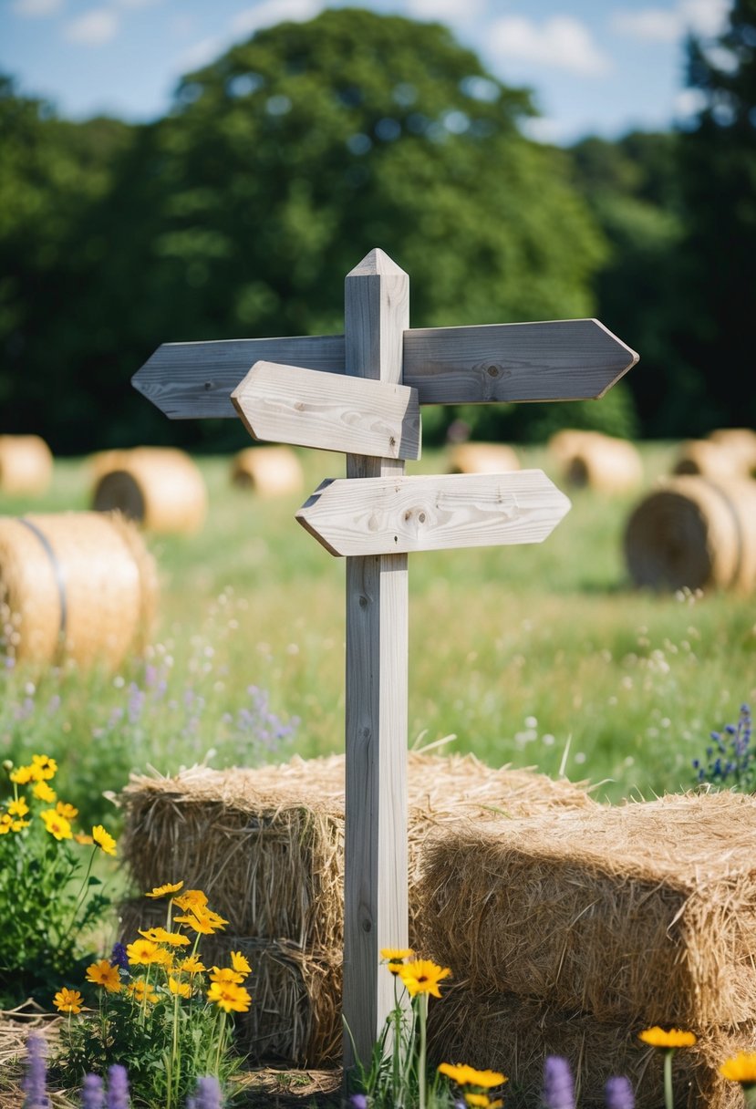 A wooden signpost points in different directions, surrounded by wildflowers and bales of hay, set against a backdrop of a rustic outdoor wedding