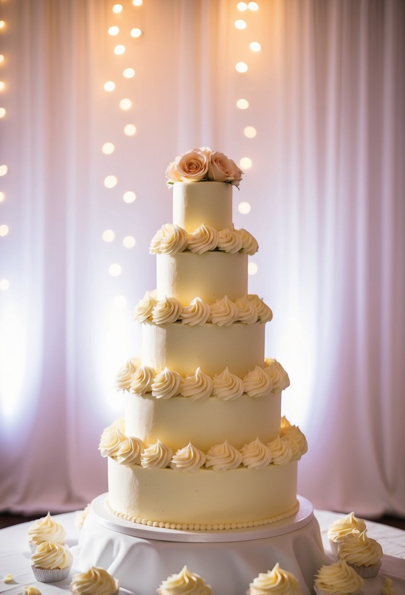 A five-tiered wedding cake adorned with elegant buttercream rosettes, set against a backdrop of soft, romantic lighting