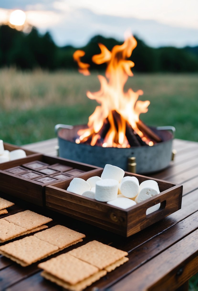 A rustic outdoor wedding scene with a s'mores station featuring a crackling fire, graham crackers, marshmallows, and chocolate laid out on a wooden table