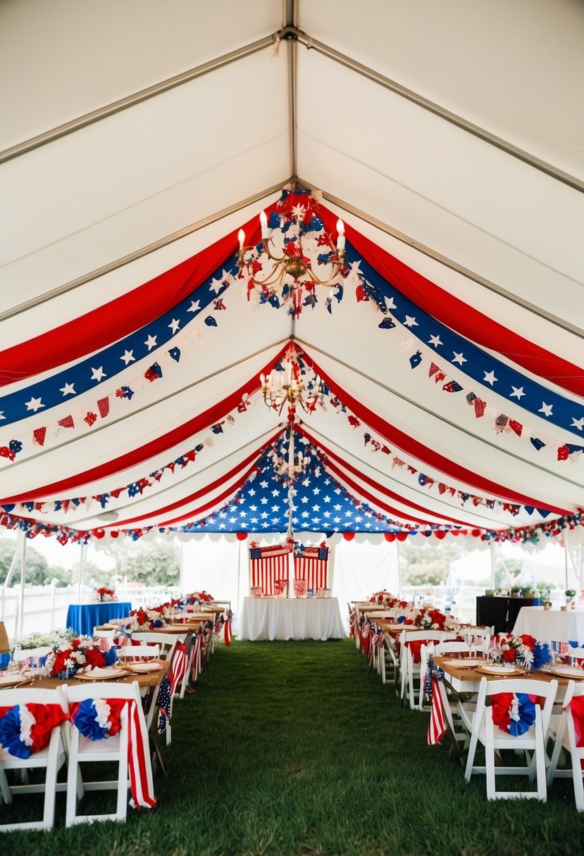 A festive wedding tent adorned with patriotic decor for a 4th of July celebration