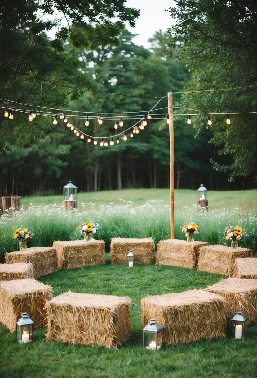 Rustic outdoor wedding: Hay bales arranged in a circle for seating, surrounded by wildflowers and lanterns, under a canopy of trees