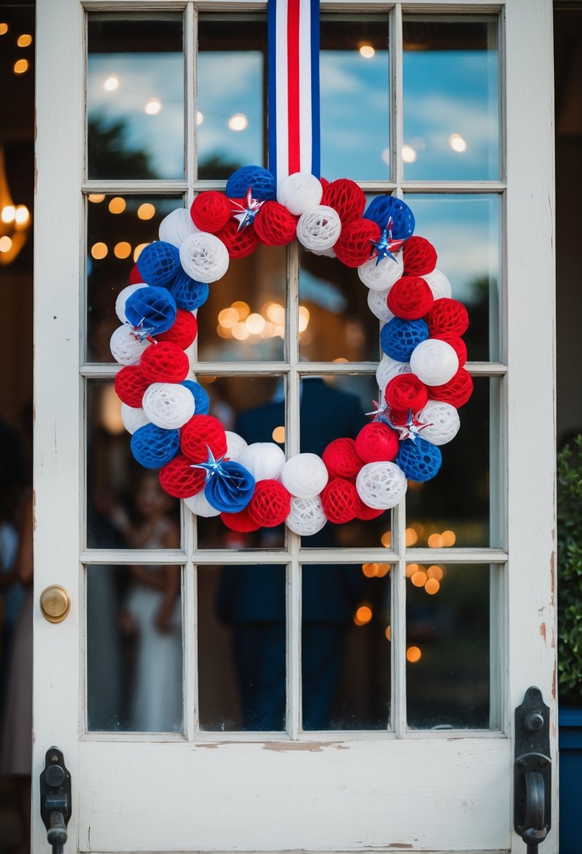 A rustic window pane adorned with red, white, and blue decorations hangs at the entrance, welcoming guests to a 4th of July wedding celebration