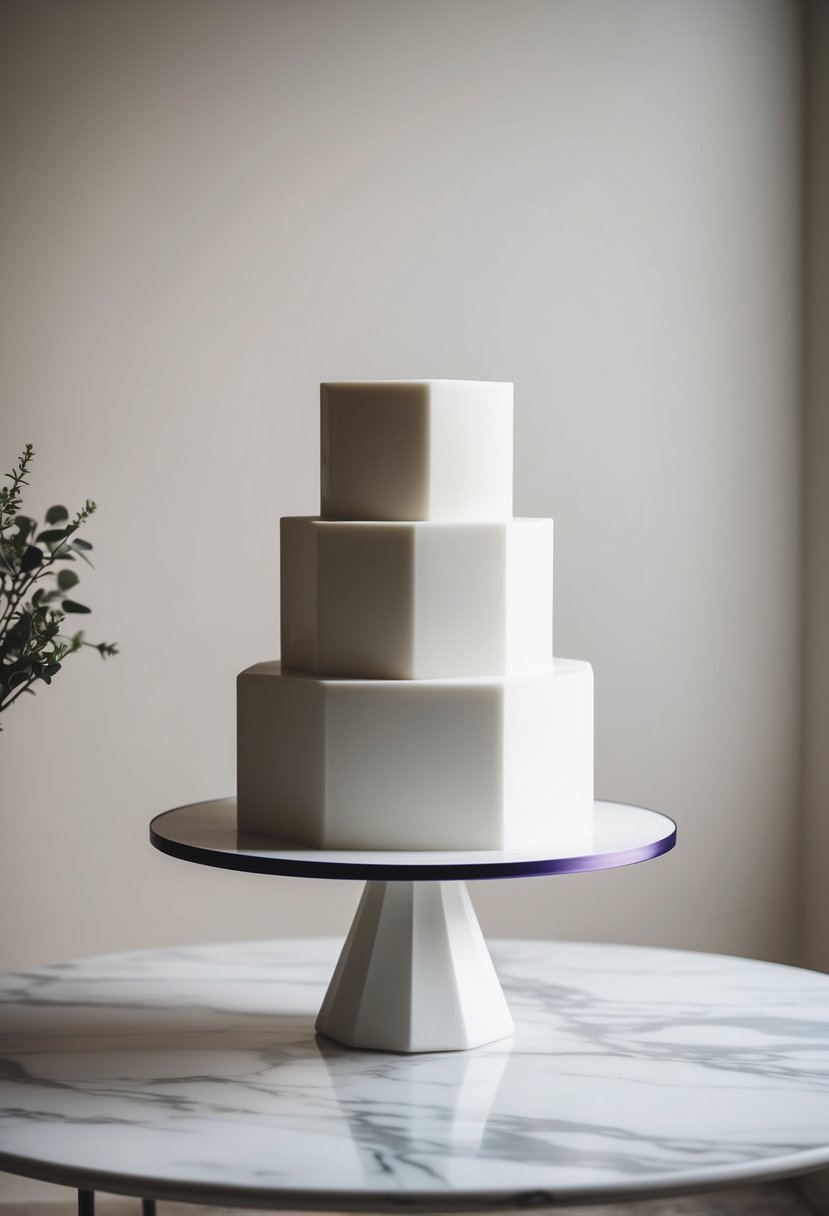 A modern geometric tiered cake stands on a marble table with minimalistic decor and soft lighting