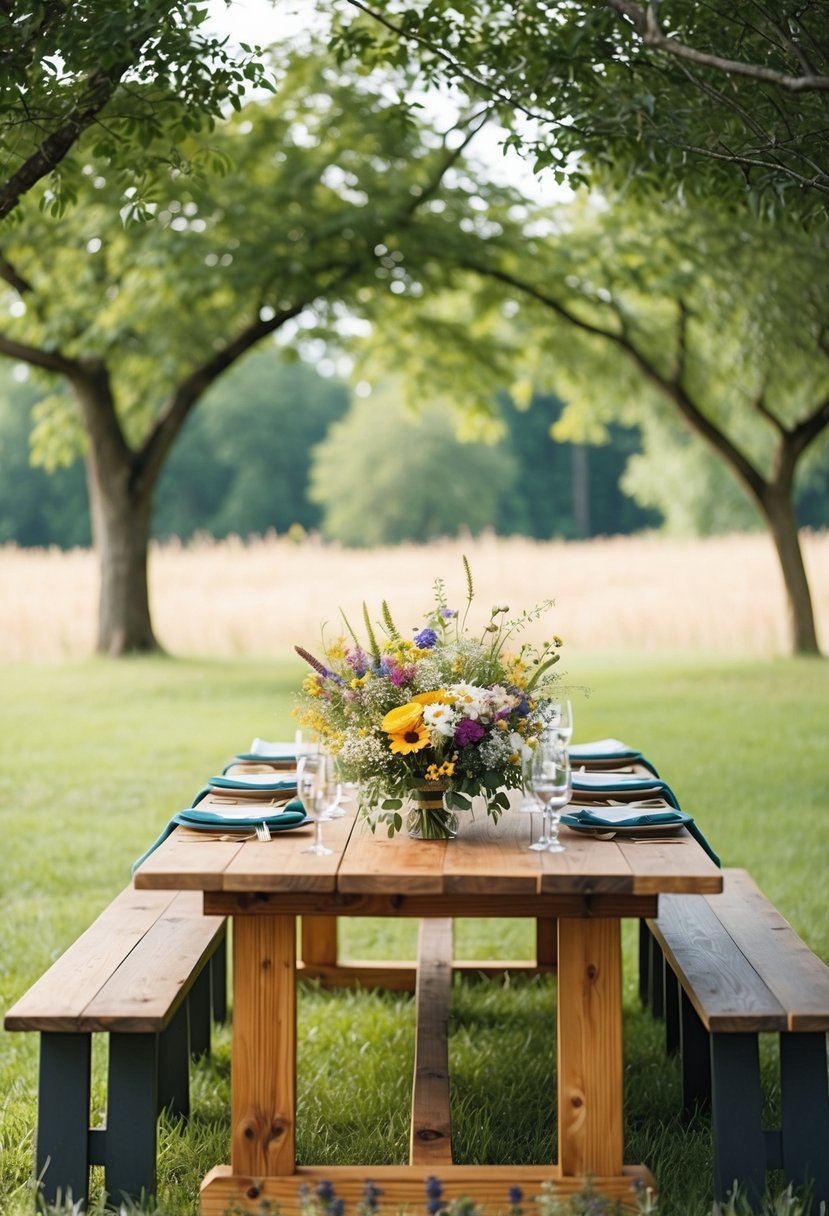 A wooden table adorned with wildflower arrangements under a canopy of trees at a rustic outdoor wedding