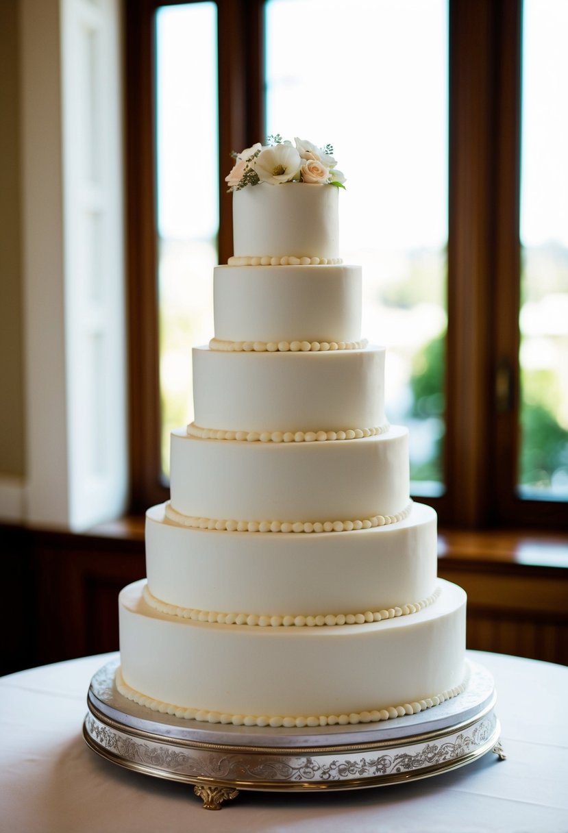 A five-tiered white fondant wedding cake with classic design and elegant details