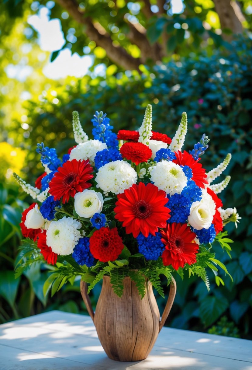 A vibrant bouquet of red, white, and blue flowers arranged in a rustic wooden vase, set against a backdrop of lush greenery and dappled sunlight