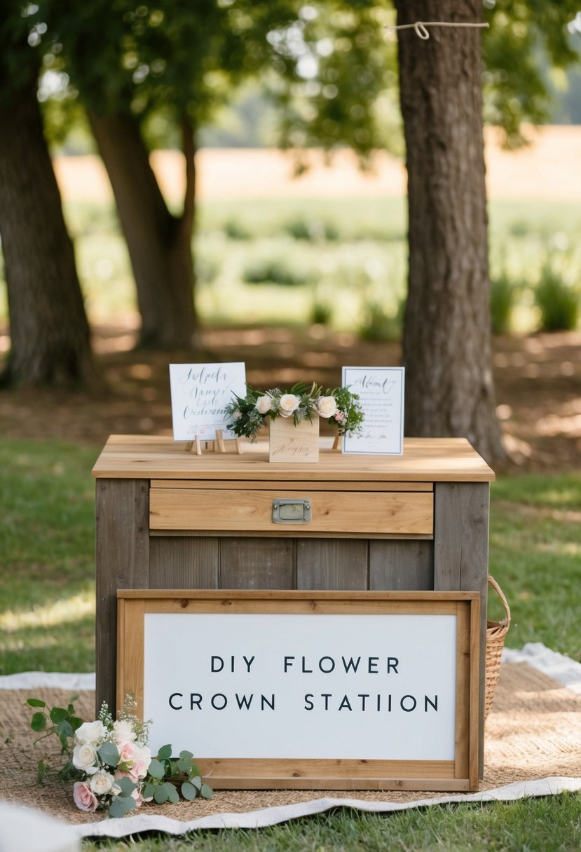 A rustic outdoor wedding scene with a DIY flower crown station