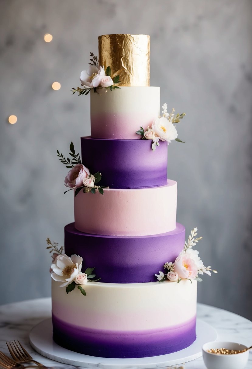 A towering five-tier ombre cake, transitioning from deep purple at the bottom to soft pink at the top, adorned with delicate floral accents and shimmering edible gold leaf