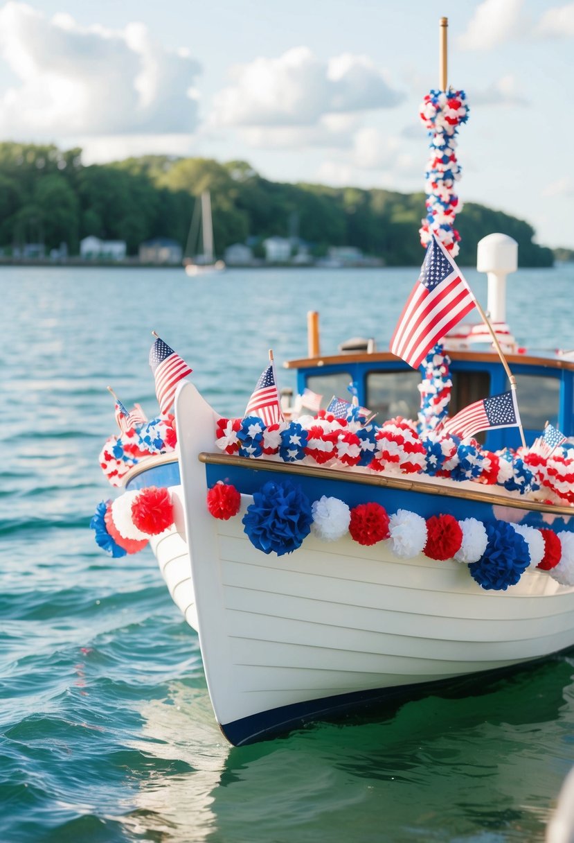 An oyster boat adorned with patriotic decor for a 4th of July wedding celebration