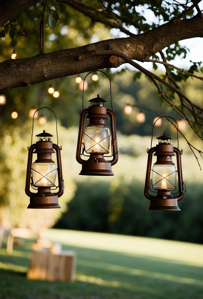 Rustic outdoor wedding scene with lanterns hanging from tree branches