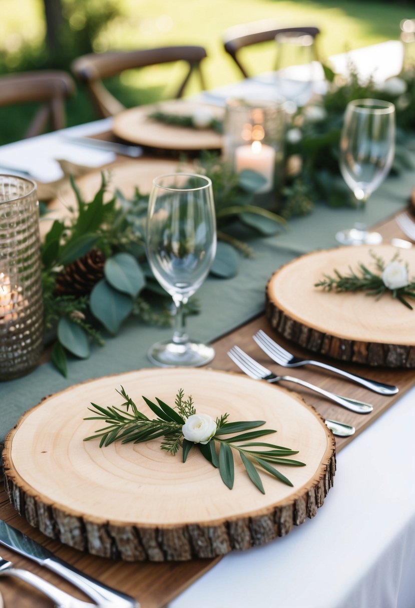 Wooden slices as charger plates on outdoor wedding tables. Rustic decor with natural elements and greenery