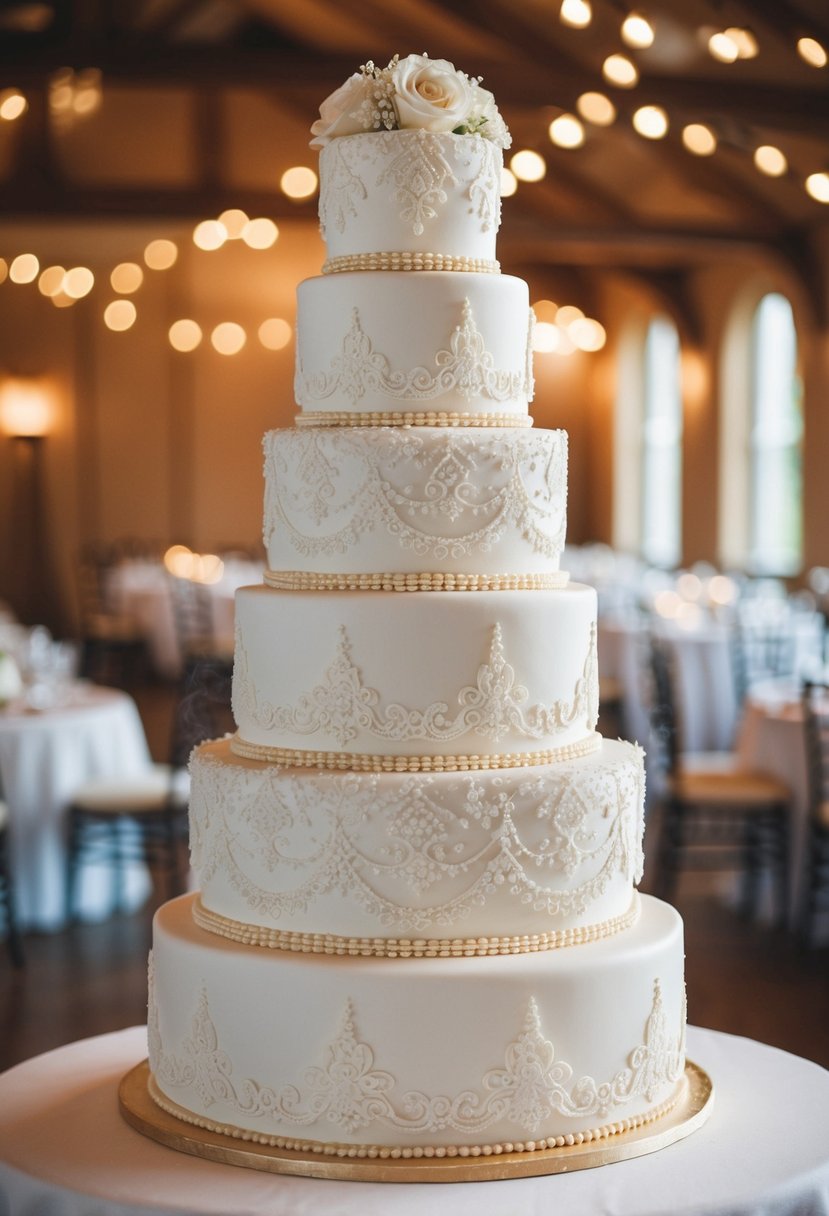 A five-tier wedding cake adorned with intricate vintage lace designs and delicate details