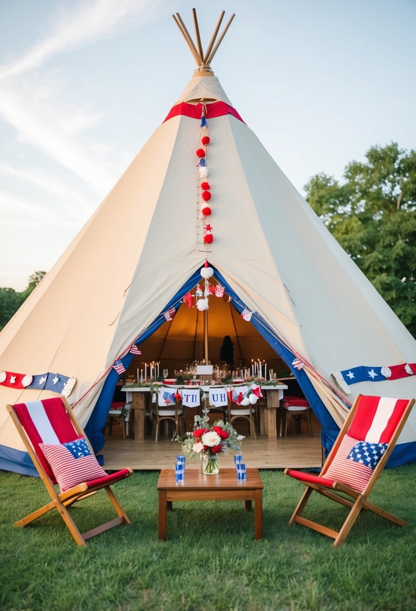 A tipi adorned with festive decorations serves as a unique and cozy setting for a 4th of July wedding cocktail hour