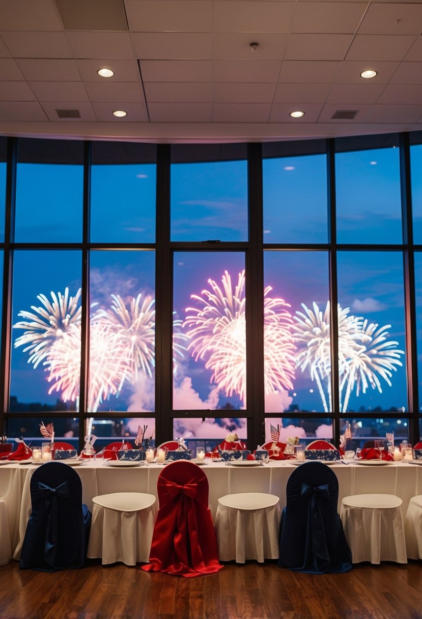 An indoor reception with patriotic decor and fireworks visible through large windows