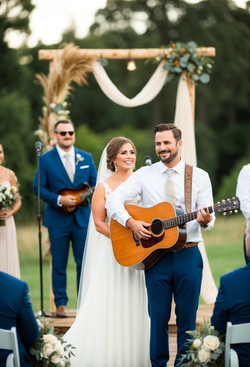 An outdoor wedding ceremony with rustic decor and acoustic music