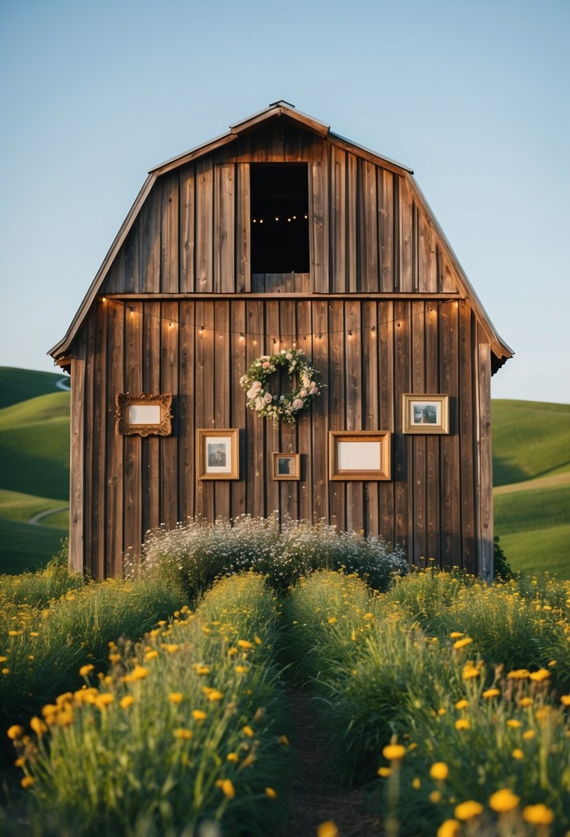 A wooden barn wall adorned with string lights, wildflowers, and vintage frames, set against a backdrop of rolling green hills and a clear blue sky