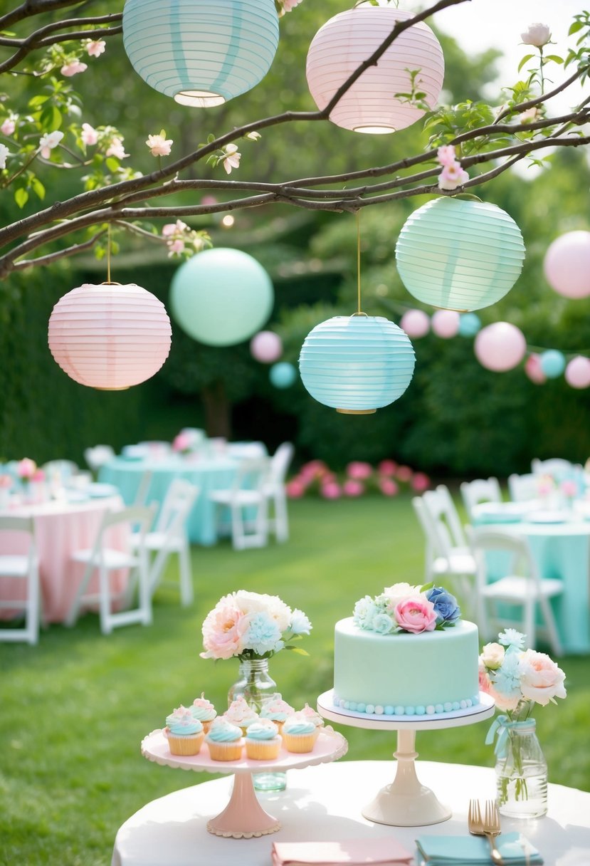 A pastel color palette 4th of July wedding: a garden adorned with soft shades of pink, mint green, and baby blue; delicate paper lanterns hanging from tree branches; a vintage-inspired cake table with pastel-colored desserts