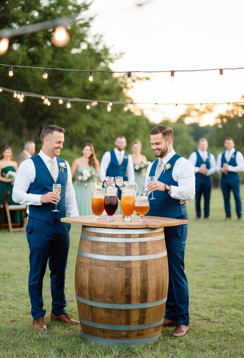 An outdoor wedding with a rustic barrel bar serving drinks amid greenery and string lights