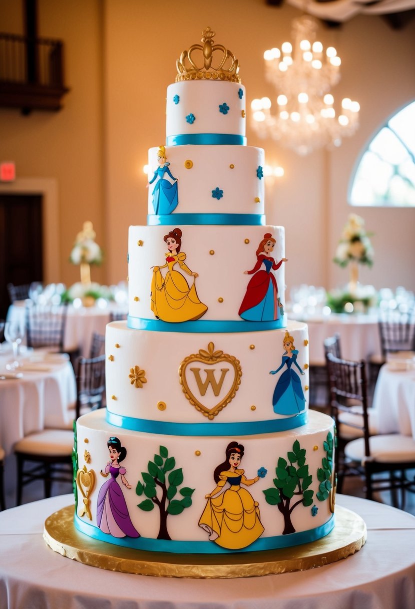 A grand five-tier wedding cake adorned with whimsical Disney Princess themes, featuring iconic characters and vibrant colors