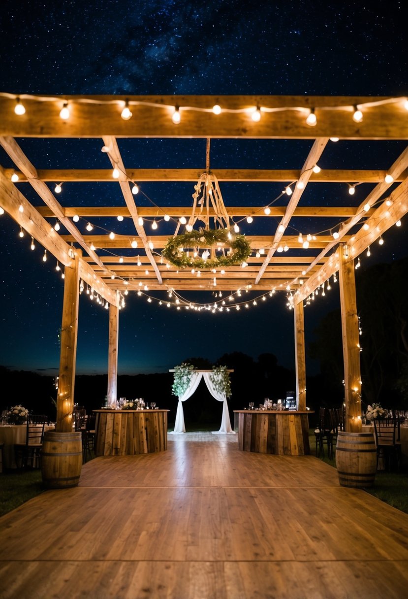 An open-air dance floor surrounded by twinkling lights and rustic decor, set under a starry night sky