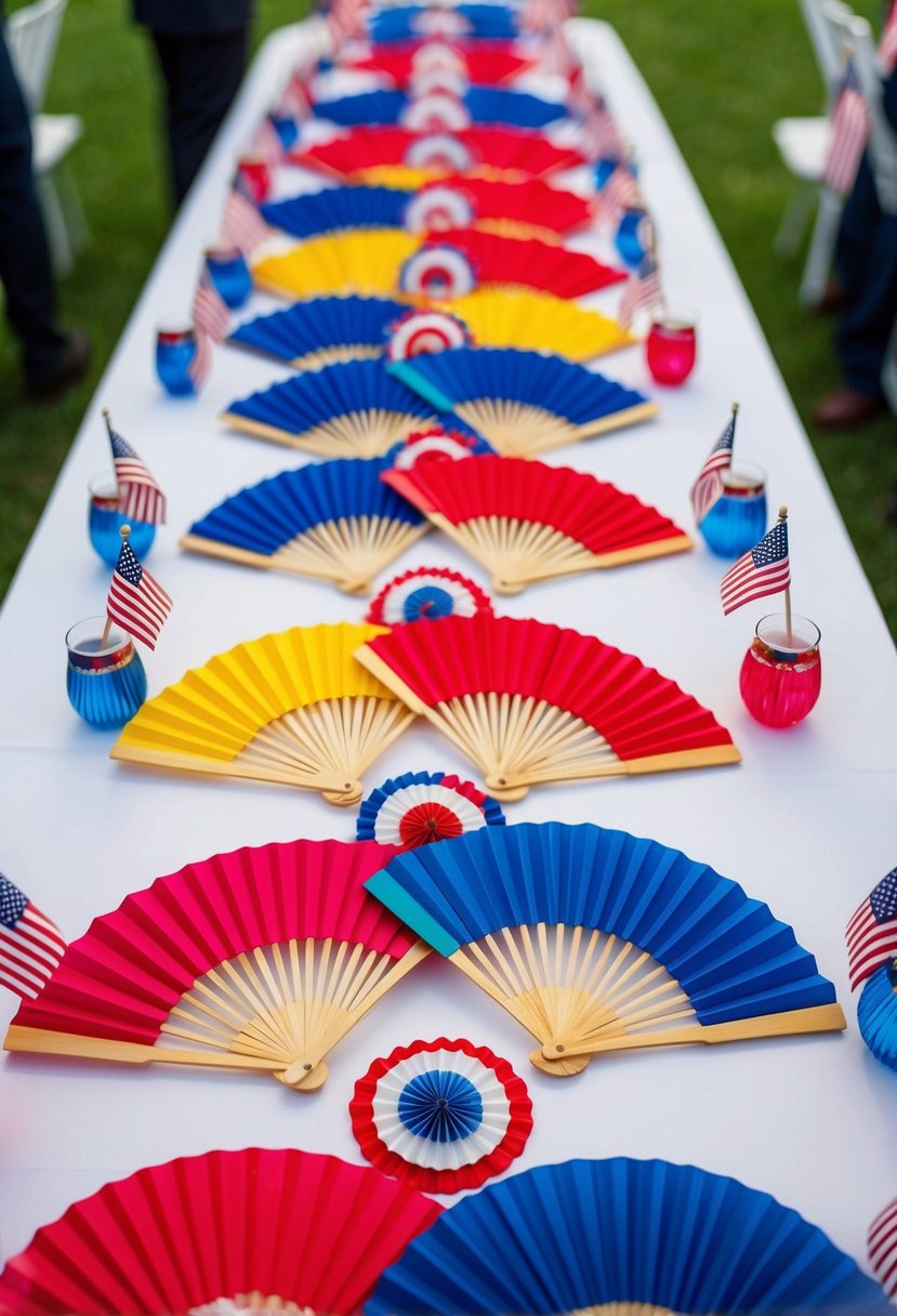 Colorful hand fans arranged on a table at a 4th of July wedding celebration