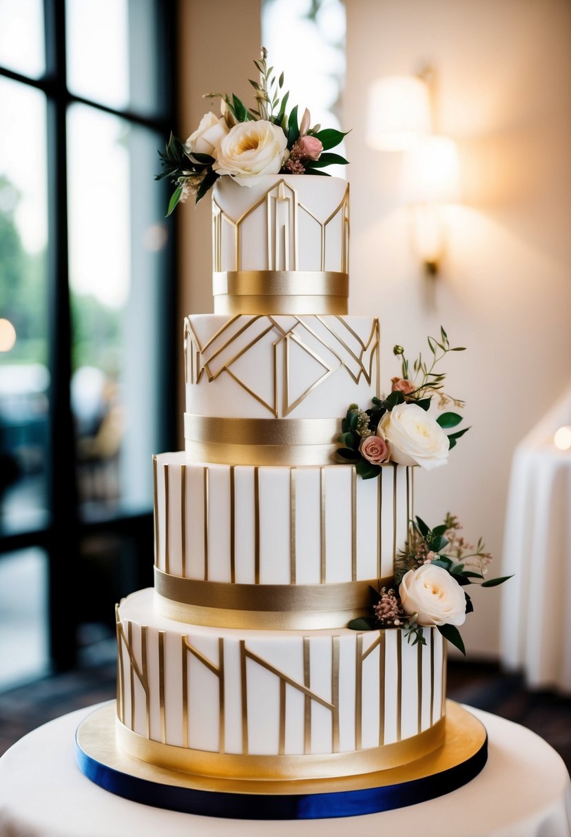 A five-tiered wedding cake with Art Deco-inspired geometric patterns and metallic accents, adorned with elegant floral details and intricate piping designs