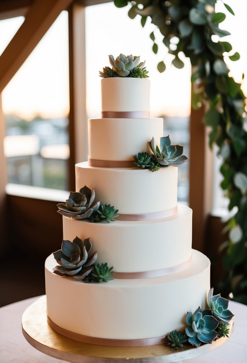 A five-tier wedding cake adorned with minimalist succulent decor